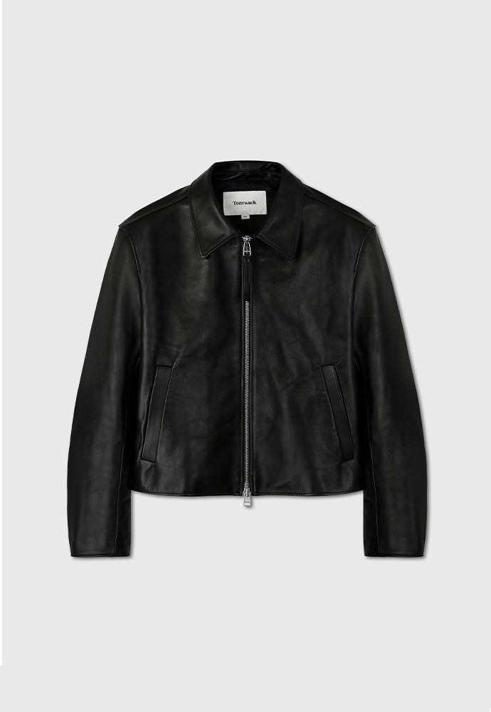 Calf Leather Cropped Zip Jacket (Calf Leather From Italy)_ Black